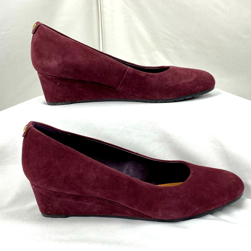 Clarks Vendra Bloom Wedge Heels Sz 7.5 Burgundy Plum Suede Sip-Ons - Picture 2 of 10